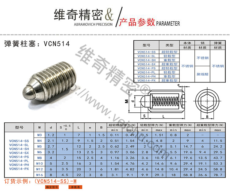 VCN514不銹鋼材質(zhì)小型彈簧柱塞規(guī)格表